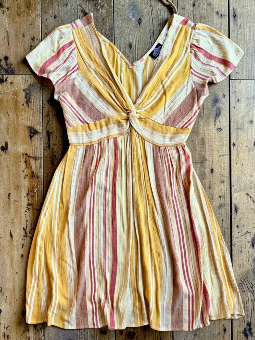 Angie Striped Gauze Feel Twist Front Flutter Sleeve Dress Mustard Red Ivory Sz S